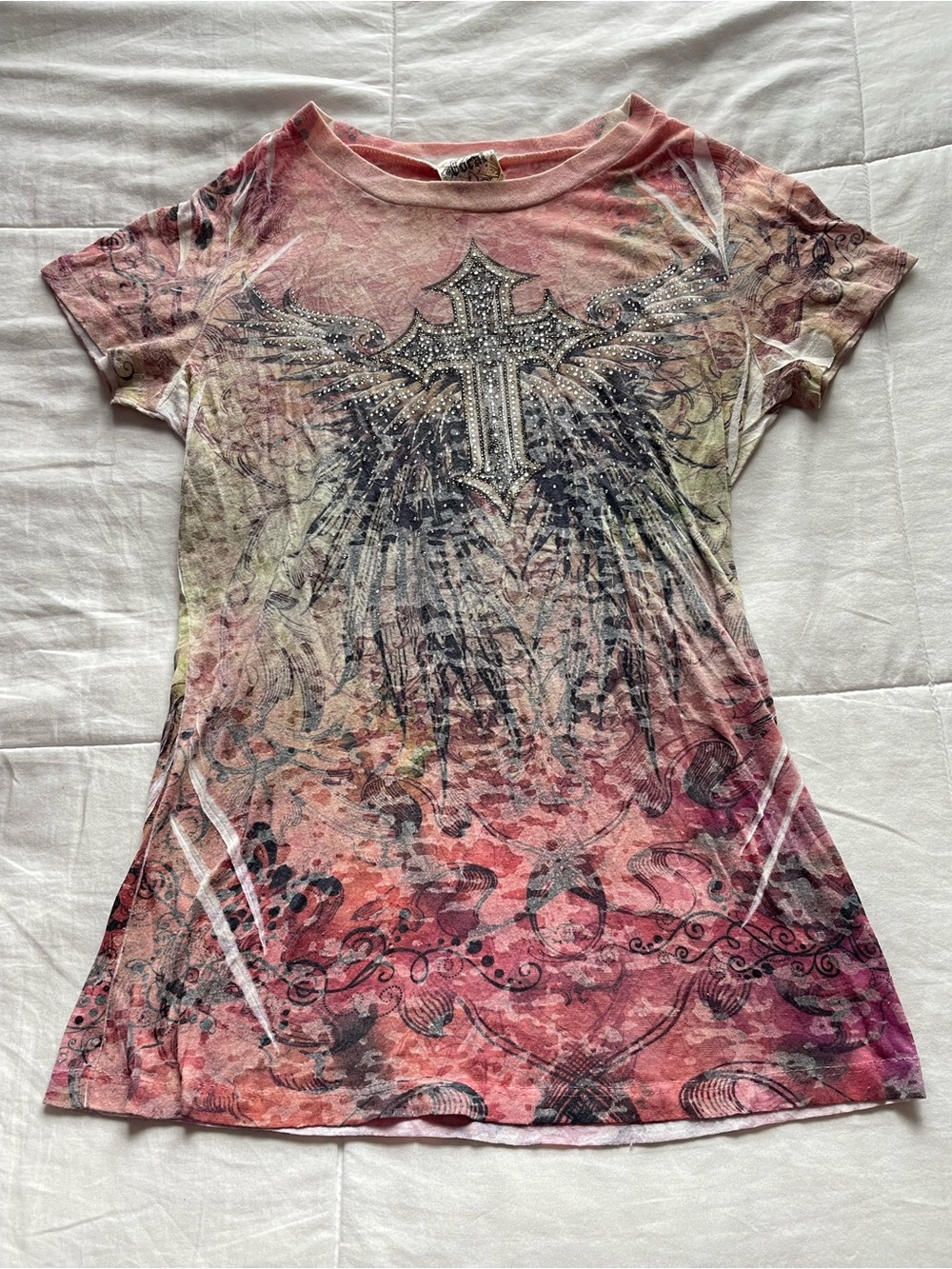 Y2K Pink Tie Dye Burnout Sheer Rhinestone Cross Baby Tee Medium Bratz Bikercore
